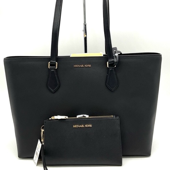 Michael Kors Bag Large Sheila Mf Tote Bag & Large Double Zip Wallet Black/Gold - Picture 1 of 15